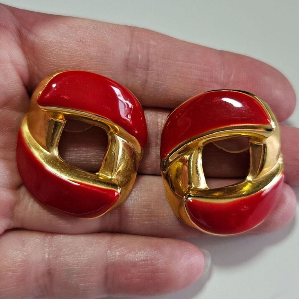 Gold tone red enamel earrings retro chunky